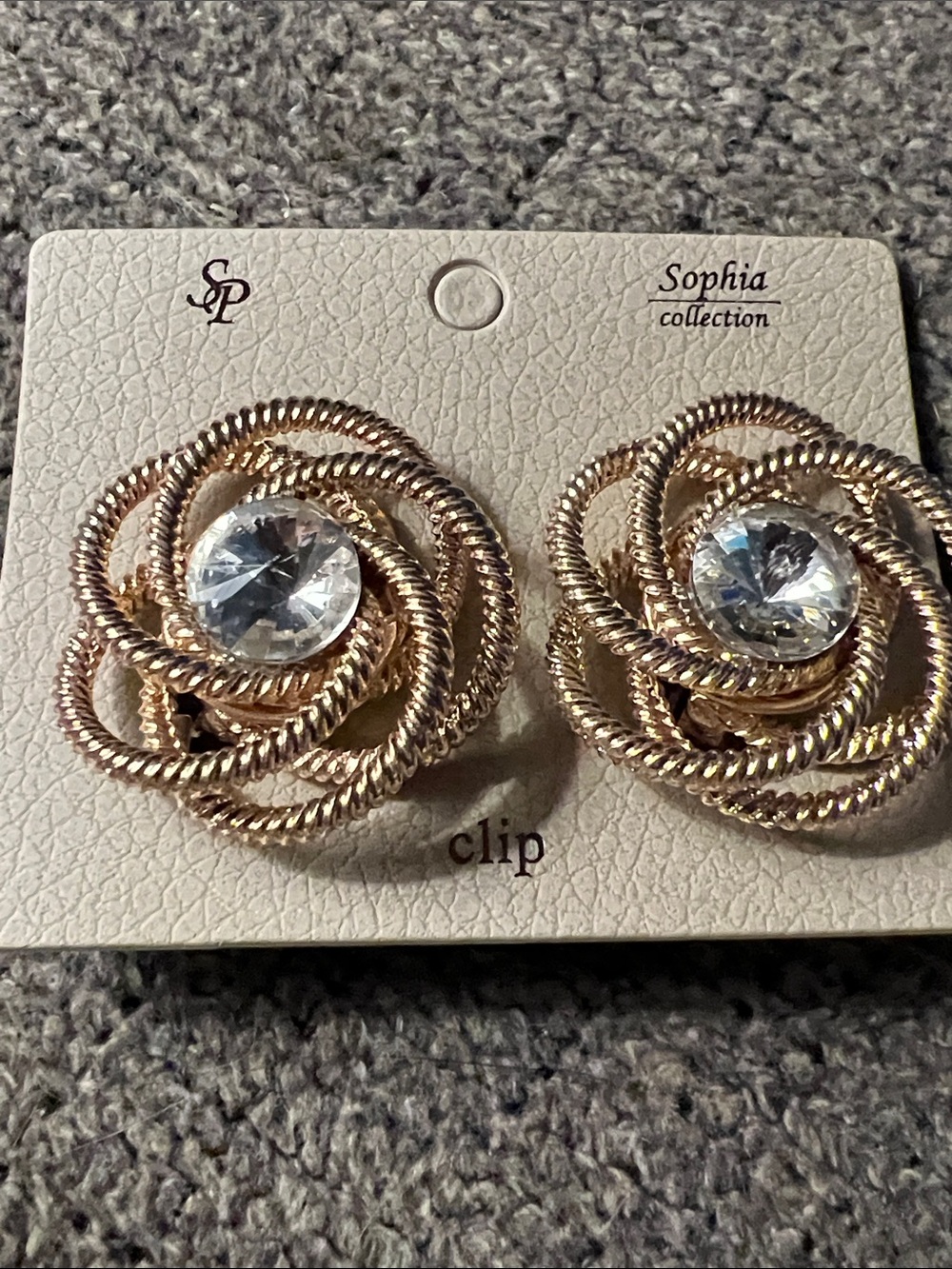 3/$18 Gold-Tone Rope Rose Clip Earrings with Clear Crystal Lot 508